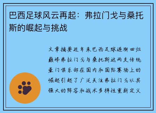 巴西足球风云再起：弗拉门戈与桑托斯的崛起与挑战