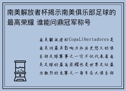 南美解放者杯揭示南美俱乐部足球的最高荣耀 谁能问鼎冠军称号