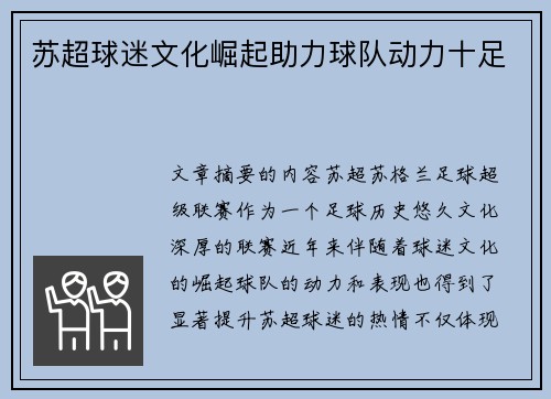 苏超球迷文化崛起助力球队动力十足
